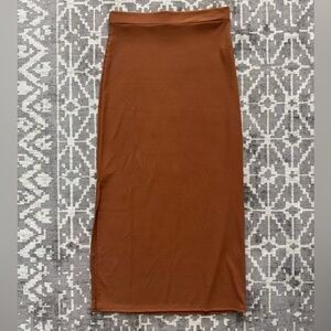 Women's Ribbed Rust Cinnamon Brown tan Maxi Skirt Side Slit